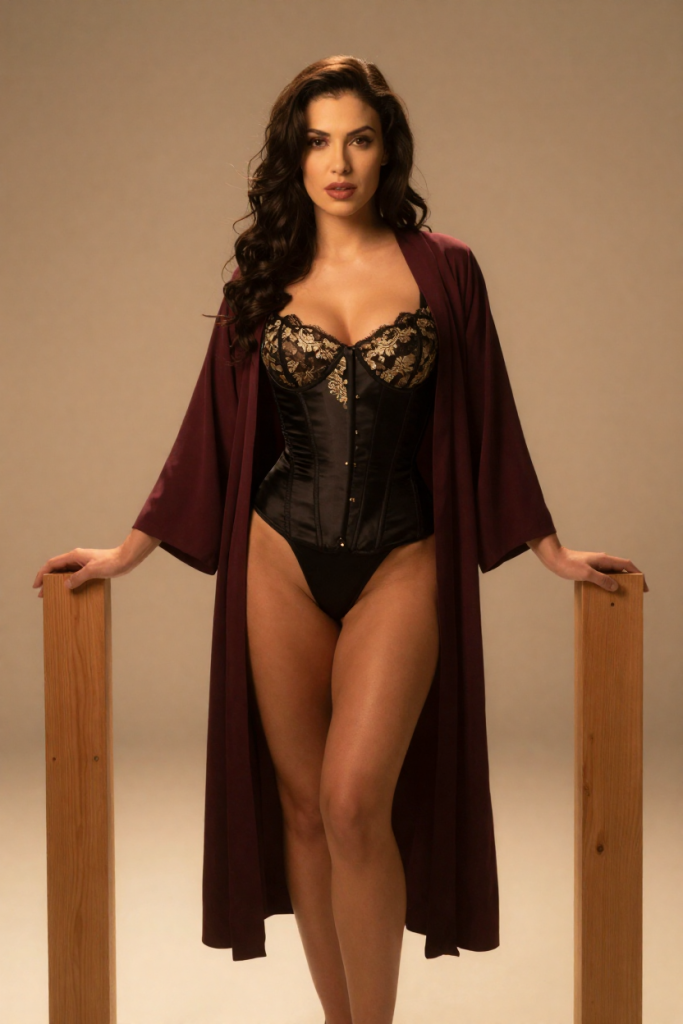Rosa, a fictional 28-year-old muse in a charcoal satin corset in the marker field of Web3Spots